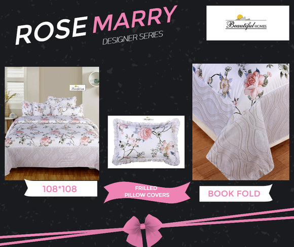 ROSE-MARRY  KING SIZE DESIGNER BEDSHEETS WITH  FRILLED PILLOW COVERS-PREET001RMW