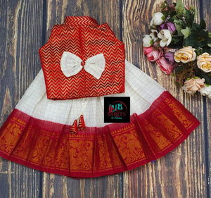RED AND WHITE   SANGUDI COTTON SKIRT WITH BROCADE TOP AND BOW -SRI001SSRW
