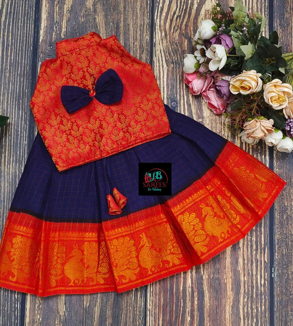 RED AND  BLUE  SANGUDI COTTON SKIRT WITH BROCADE TOP AND BOW -SRI001SSRB