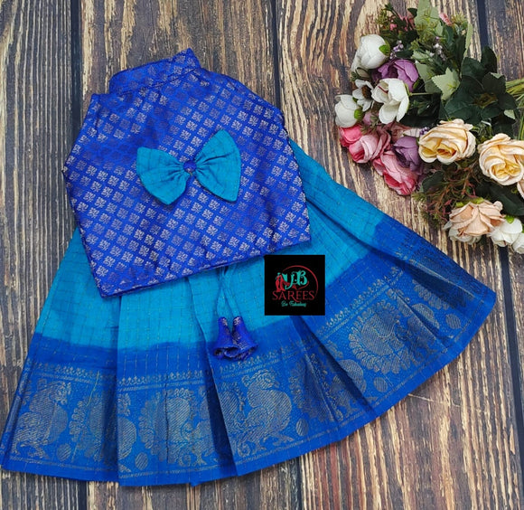 HAPPY BLUE AND DARK BLUE  SANGUDI COTTON SKIRT WITH BROCADE TOP AND BOW -SRI001SSHB
