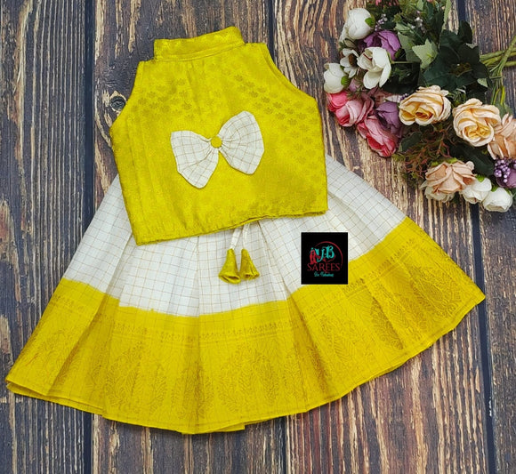 YELLOW  AND WHITE   SANGUDI COTTON SKIRT WITH BROCADE TOP AND BOW -SRI001SSYW