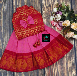 PINK AND RED   SANGUDI COTTON SKIRT WITH BROCADE TOP AND BOW -SRI001SSBPR