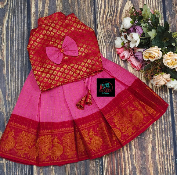 PINK AND RED   SANGUDI COTTON SKIRT WITH BROCADE TOP AND BOW -SRI001SSBPR