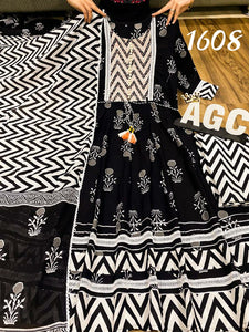 Premium cotton anarkali Mugal & zigzag print , crochet lace , dori belt & hand work on yoke paired with pant & cotton duppata-RG001BW