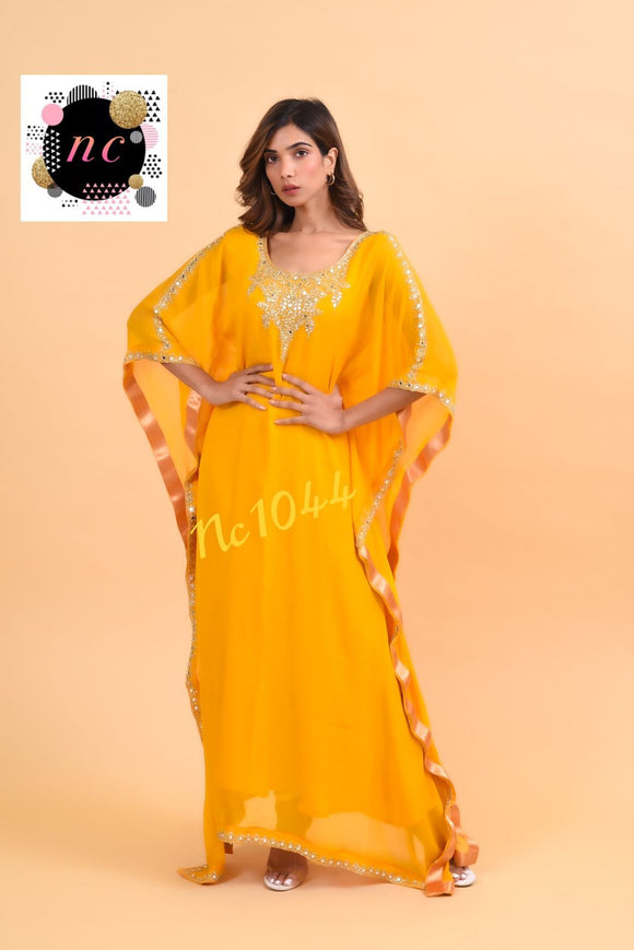YELLOW SHADE , NC DESIGNER AND EXCLUSIVE GEORGETTE  STITCHED KAFTAN FOR WOMEN -GARI001K
