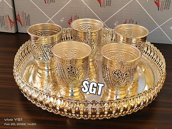 SHRAVAN , Full Set impressive  German silver washable tray with German silver set of 5 Glasses- SN001GT6S