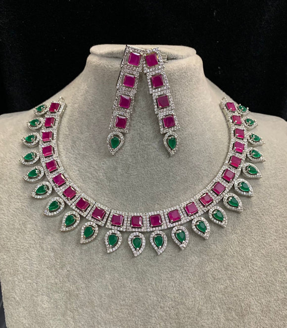 PALLAVI , ELEGANT PINK AND GREEN STONE  SILVER FINISH NECKLACE SET FOR WOMEN -RITZ001SN