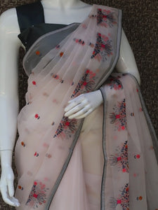 Beautiful Embroidery on Organza Saree with Contrast Blouse Piece and Piping-KIA001POS
