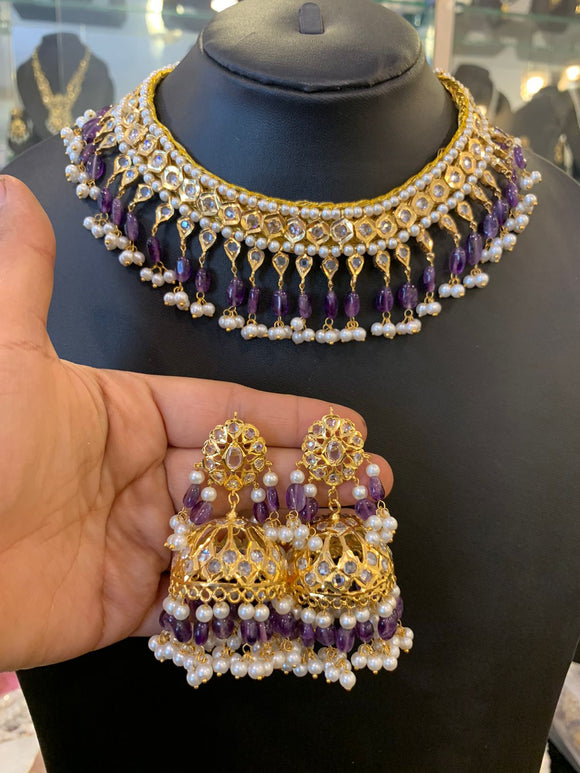 AISHA , LILAC SHADE BEADS AND PEARL STUDDED HYDERABADI NECKLACE SET FOR WOMEN -HYD001NSL