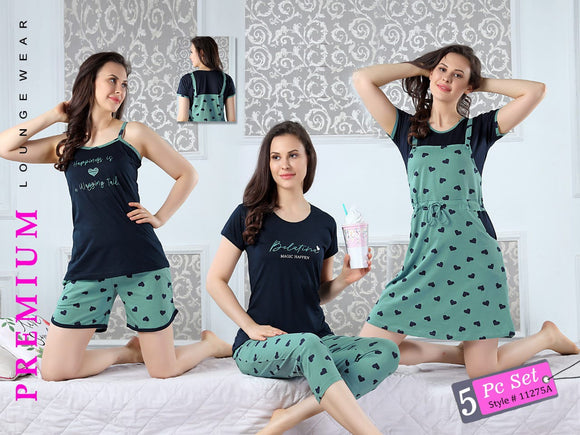 5 PC COMBO SOFT COTTON HOSIERY NIGHT SUIT SET FOR WOMEN -IQFA001AGBL