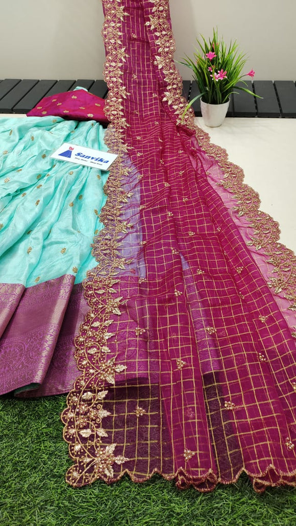 SANVIKA , Beautiful high quality jute silk lehenga with constant big border work duppata and designer blouse -GARI001L
