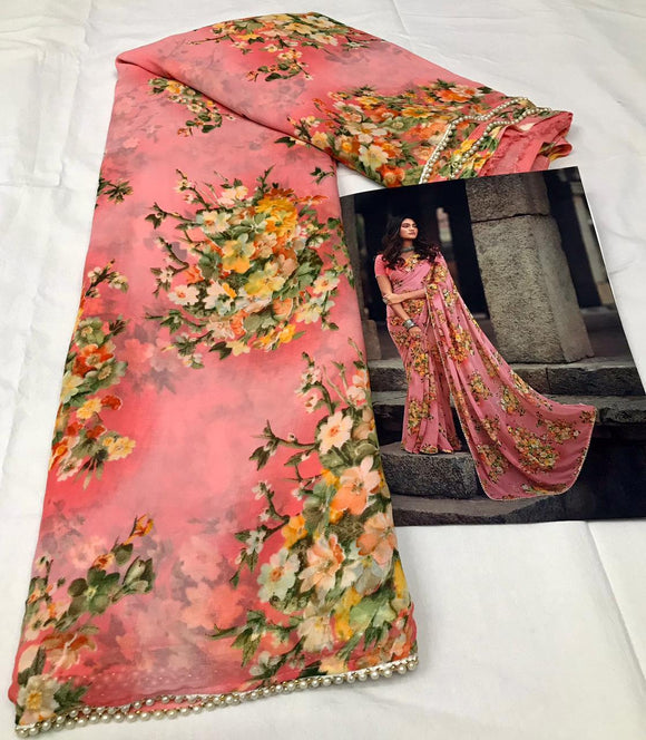 PINK FLORAL PRINT GEORGETTE SAREE WITH MOTI LACE BORDERS -MAD001P