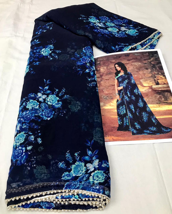 DEEP BLUE FLORAL PRINT GEORGETTE SAREE WITH MOTI LACE BORDERS -MAD001DB