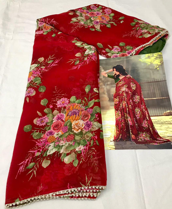 RED  FLORAL PRINT GEORGETTE SAREE WITH MOTI LACE BORDERS -MAD001R