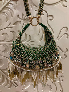 LAYLA, ELEGANT BRIDAL POTLI BAG WITH EMBOIDERY AND BEAD WORK ON BOTH SIDES AND BEAUTIFUL HANDLE-JC001BPGR
