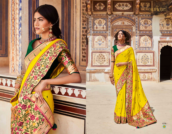 YELLOW PAITHANI SAREE WITH DESIGNER BLOUSE AND UNIQUE LATKANS-OM001PS