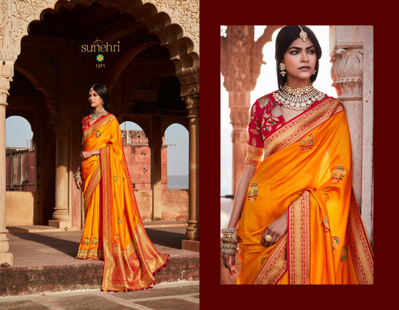 RED AND GOLDEN YELLOW  PAITHANI SAREE WITH DESIGNER BLOUSE AND UNIQUE LATKANS-OM001RY