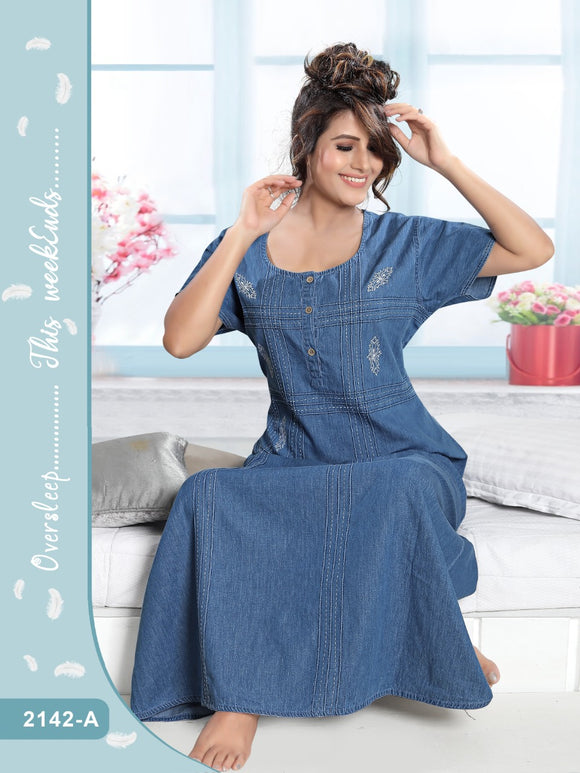 AMALA, Luxury Premium Quality Denim Cotton Soft Fabric With Thread Work Nighty for Women -LYF001DNH