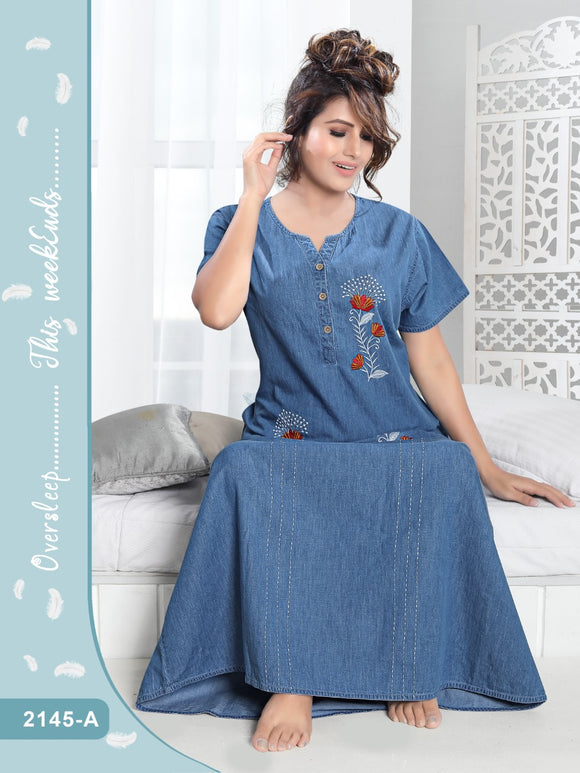 ABANAA, Luxury Premium Quality Denim Cotton Soft Fabric With Thread Work Nighty for Women -LYF001DNG