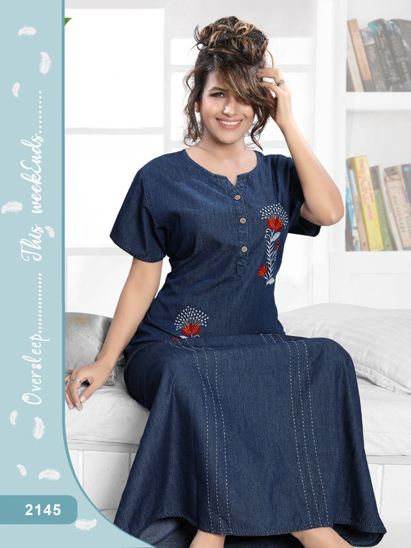 DIANA, Luxury Premium Quality Denim Cotton Soft Fabric With Thread Work Nighty for Women -LYF001DNA