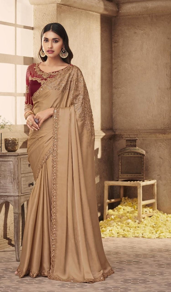 Buy Nitika Gujral Maroon Draped Saree With Embroidered V Neck Blouse Online  | Aza Fashions