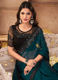 TEAL BLUE AND BLACK COMBINATION NIRMANA DESIGNER SAREE FOR WOMEN -NIRM001DSA