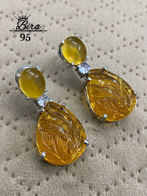 MAGAMMA, ELEGANT YELLOW SHADE CARVED STONE EARRINGS FOR WOMEN -SANDY001YS