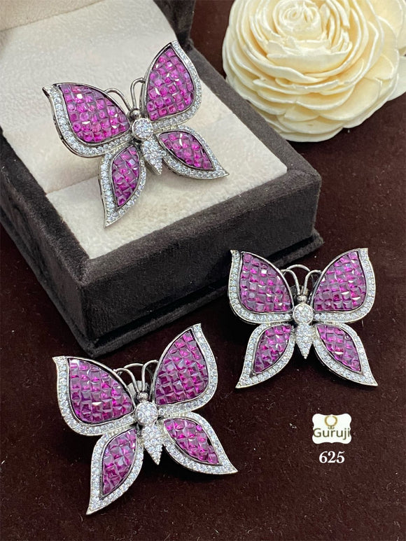 PINK ADONIS , BUTTERFLY DESIGN EARRINGS WITH ADJUSTABLE RING FOR WOMEN -SANDY001BA