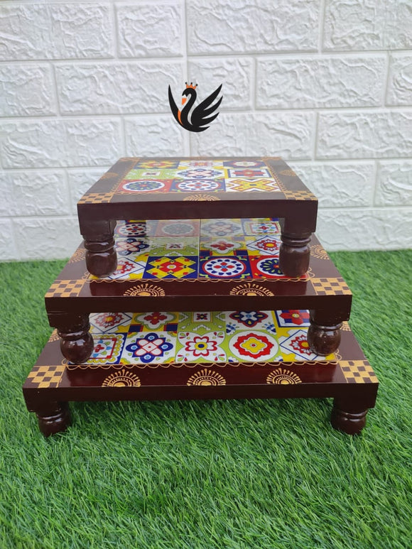 Designer Tiles Chowki Rectangular Set of 3 Chocolate Brown Finish -ANCBCUB001