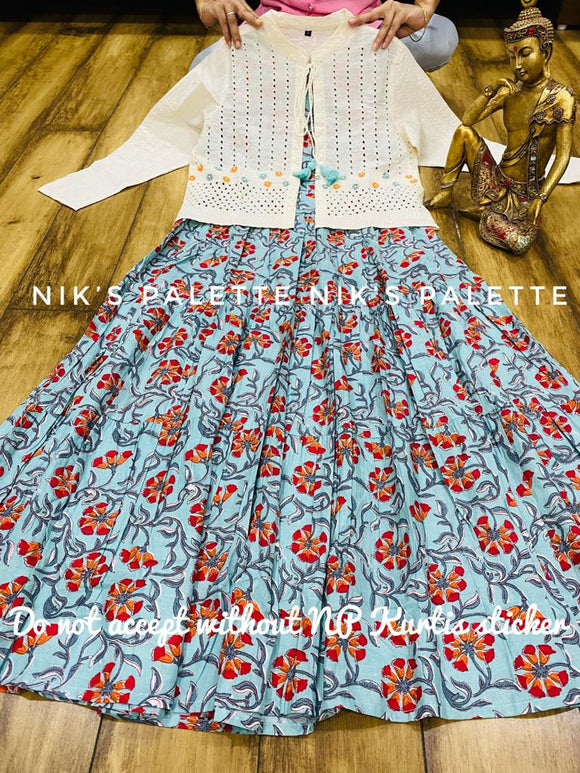 NP ,Premium cotton floral print tier pattern sleevless gown separate beautiful schifli jacket-FOF001KJ