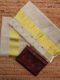 PRIYANKA, Embroidered Kerala Cotton Set Mundu with Brocade Blouse Piece-KIA001EKSS