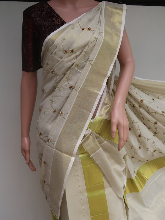 PRIYANKA, Embroidered Kerala Cotton Set Mundu with Brocade Blouse Piece-KIA001EKSS