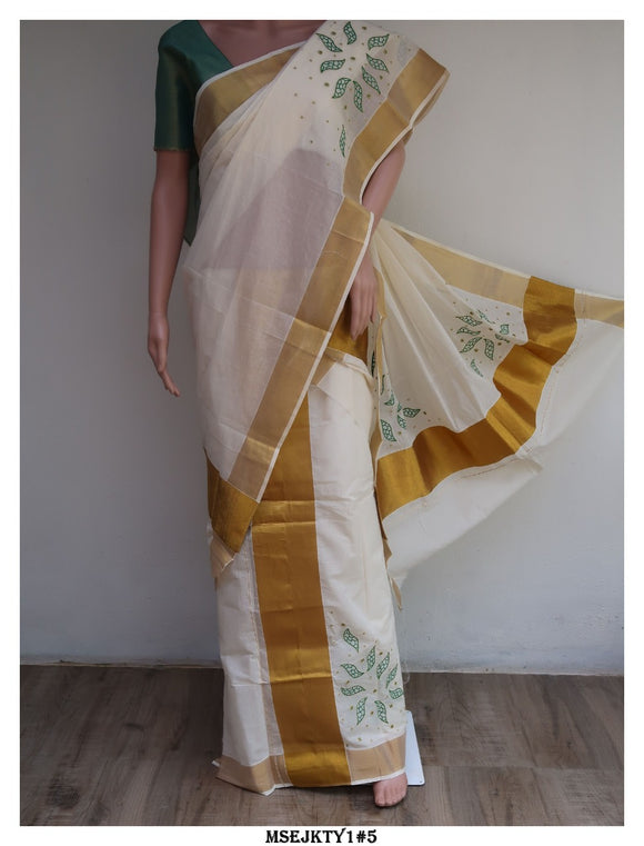 SHREEDEVI, Embroidered Kerala Cotton Set Mundu with Golden Zari and  Brocade Blouse Piece-KIA001EKY
