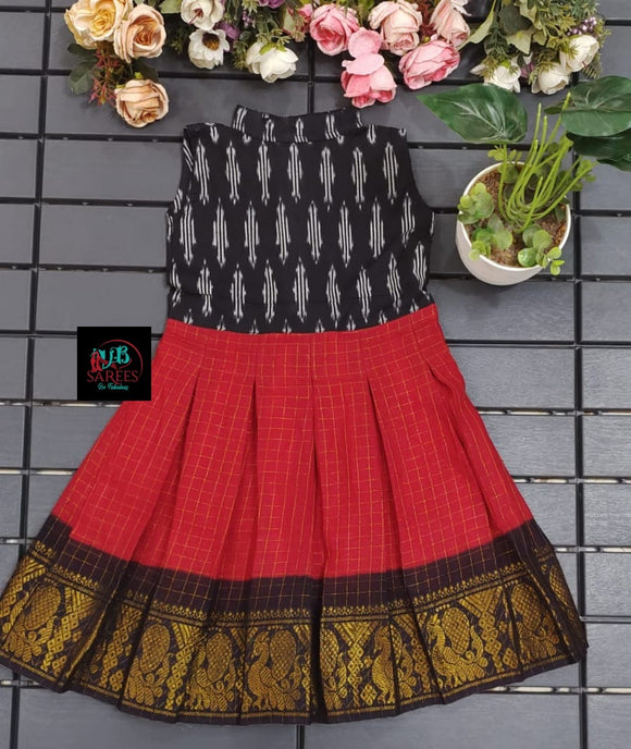 PINK AND BLACK SHADE DESIGNER SUNGUDI FROCK WITH IKAT FUSION -SRI001ISFPBL