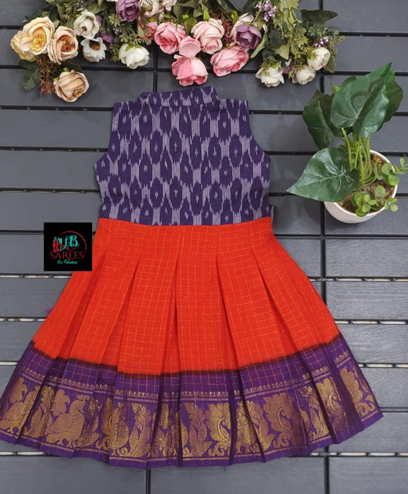 RED AND VIOLET SHADE DESIGNER SUNGUDI FROCK WITH IKAT FUSION -SRI001ISFRV