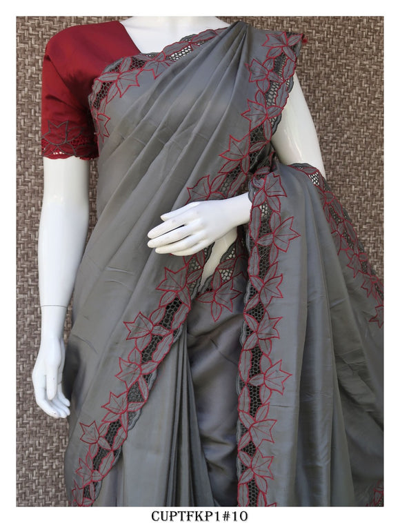 Cutwork on Uppada Silk Saree with Contrast Work and Blouse Piece-KIA001USSCW