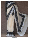GAYATRI, Kerala Cotton Silver Zari Saree with Hand Block Printed Cotton Patch Border and Blouse-KIA001KCS