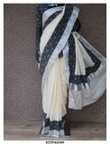 GAYATRI, Kerala Cotton Silver Zari Saree with Hand Block Printed Cotton Patch Border and Blouse-KIA001KCS