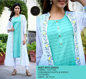 Cotton Kurta and shrug with Floral embroidery and schiffley work on shrug-FOF001CK