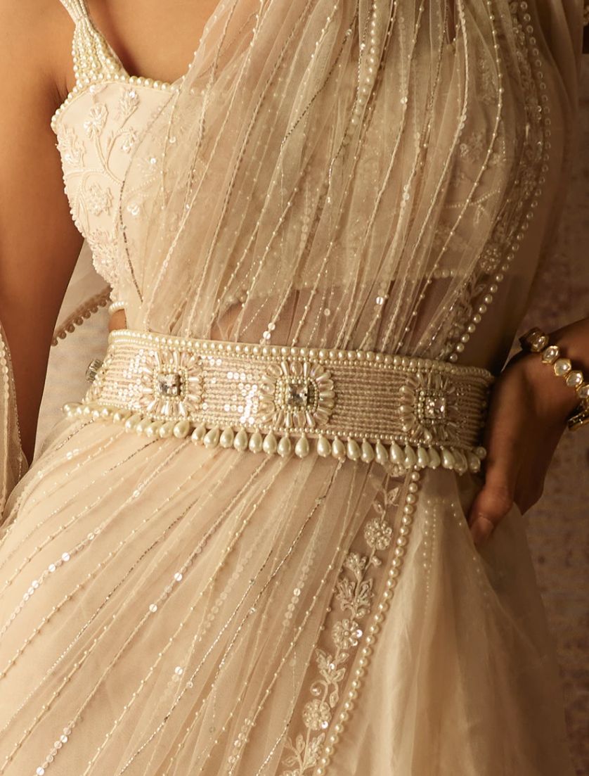 ATRANGI BRIDAL WHITE BEAD SAREE WAIST BELT FOR WOMEN -JC001BWBW