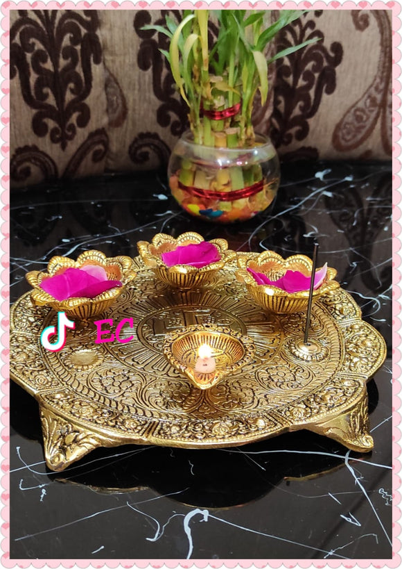 Metal Gold  finish Antique pooja thali-ANUB001GPT