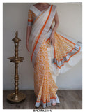 ANAGHA, ELEGANT HAND BLOCK PRINTED KERALA COTTON SAREE WITH GOLD ZARI -KIA001A