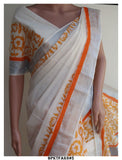 ANAGHA, ELEGANT HAND BLOCK PRINTED KERALA COTTON SAREE WITH GOLD ZARI -KIA001A