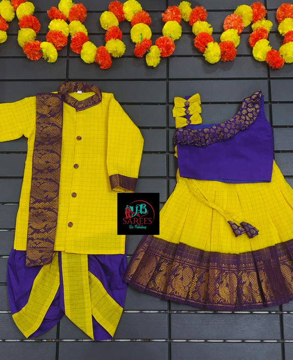 YELLOW AND VIOLET  SHADE ,Brother and Sister Combo in Sungudi Cotton -SRI001BSCPYV