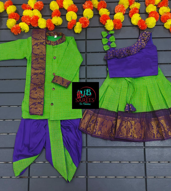 GREEN AND BLUE SHADE ,Brother and sister combo in Sungudi cotton -SRI001BSCGB