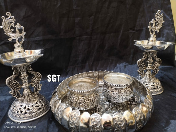 Full set  antique German silver washable pooja thali With deepams-SILV001PS