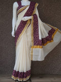 Kerala Cotton Saree with Discharge Printed Kantha Cotton Patch Border and Blouse Piece-KIA0001KCSA
