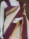 Kerala Cotton Saree with Discharge Printed Kantha Cotton Patch Border and Blouse Piece-KIA0001KCSA