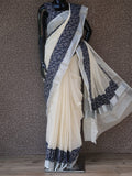 Kerala Cotton Saree with Discharge Printed Kantha Cotton Patch Border and Blouse Piece-KIA0001KCSB