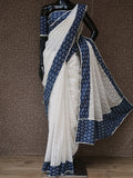 WHITE AND BLUE TEPCHI KOTA SAREE WITH INDIGO BORDERS AND BLOUSE-KIA001KTS